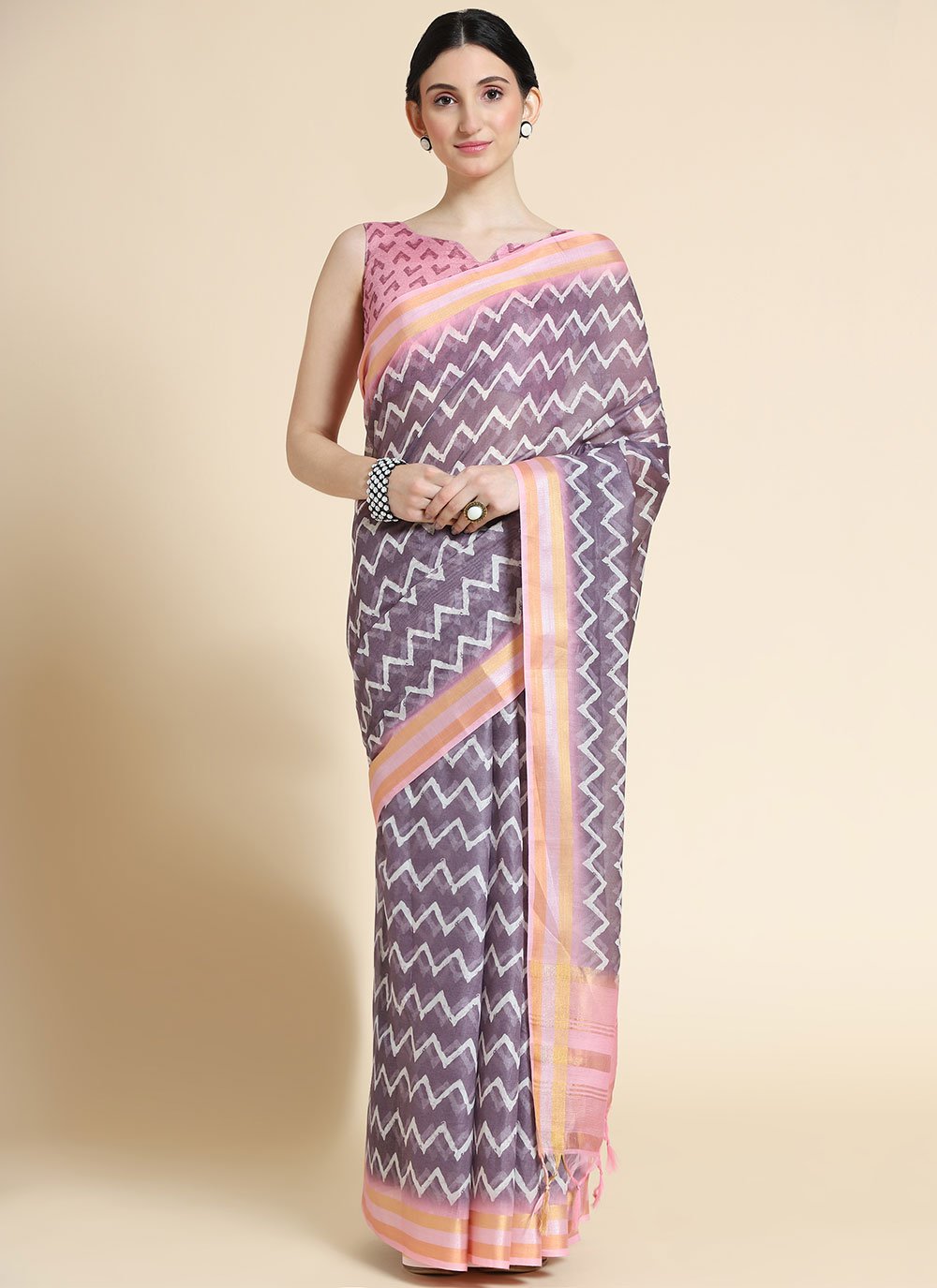 Classic Chanderi Cotton Mauve Digital Print Saree