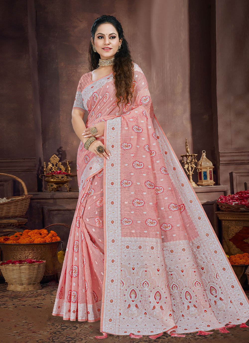 Trendy Saree Linen Peach Meena Saree