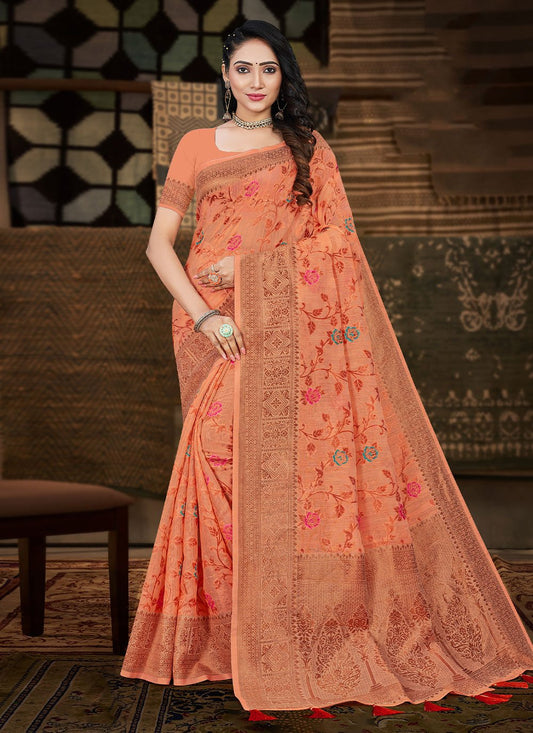 Trendy Saree Cotton Silk Peach Meena Saree