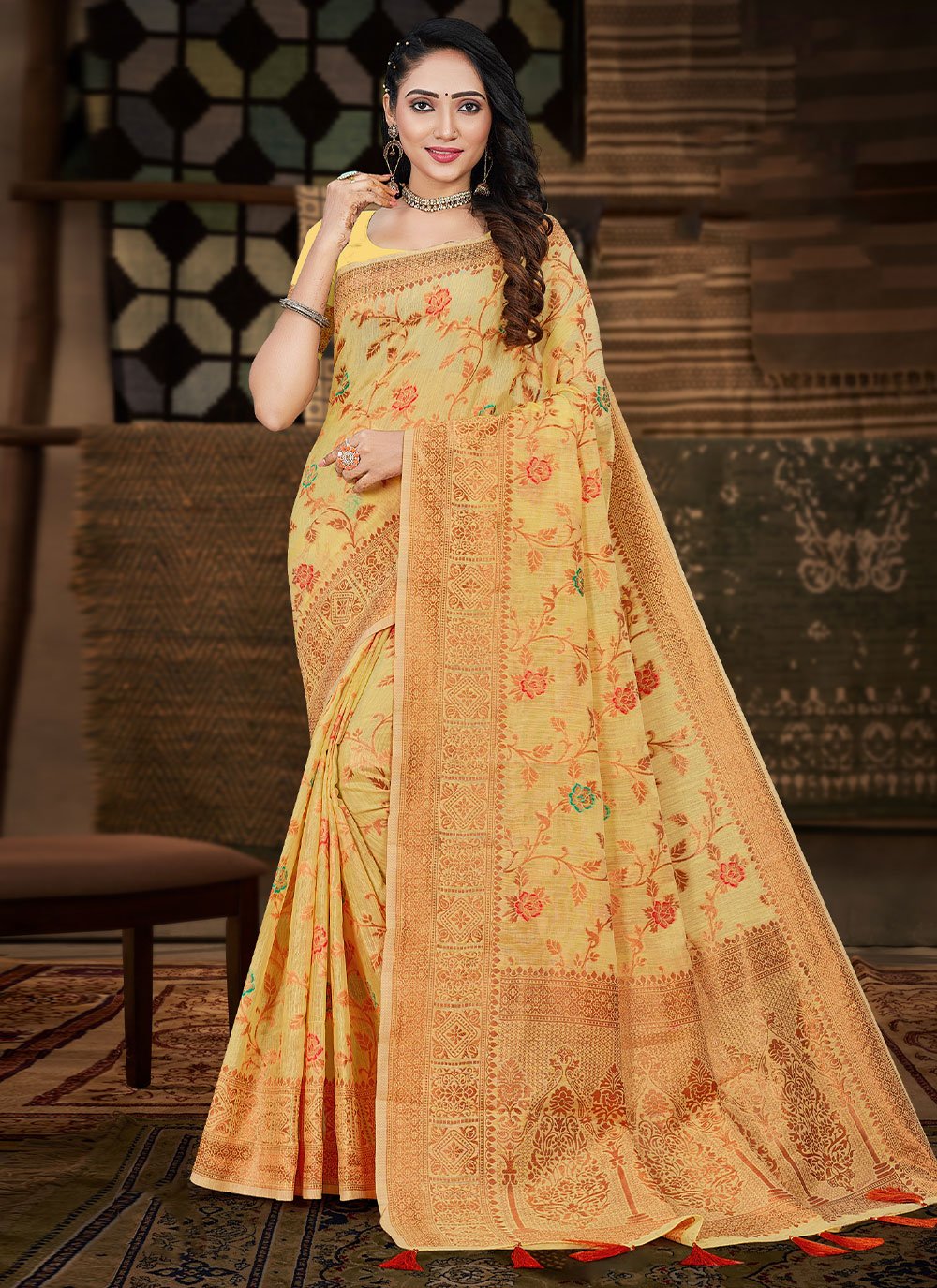 Classic Cotton Silk Yellow Meena Saree