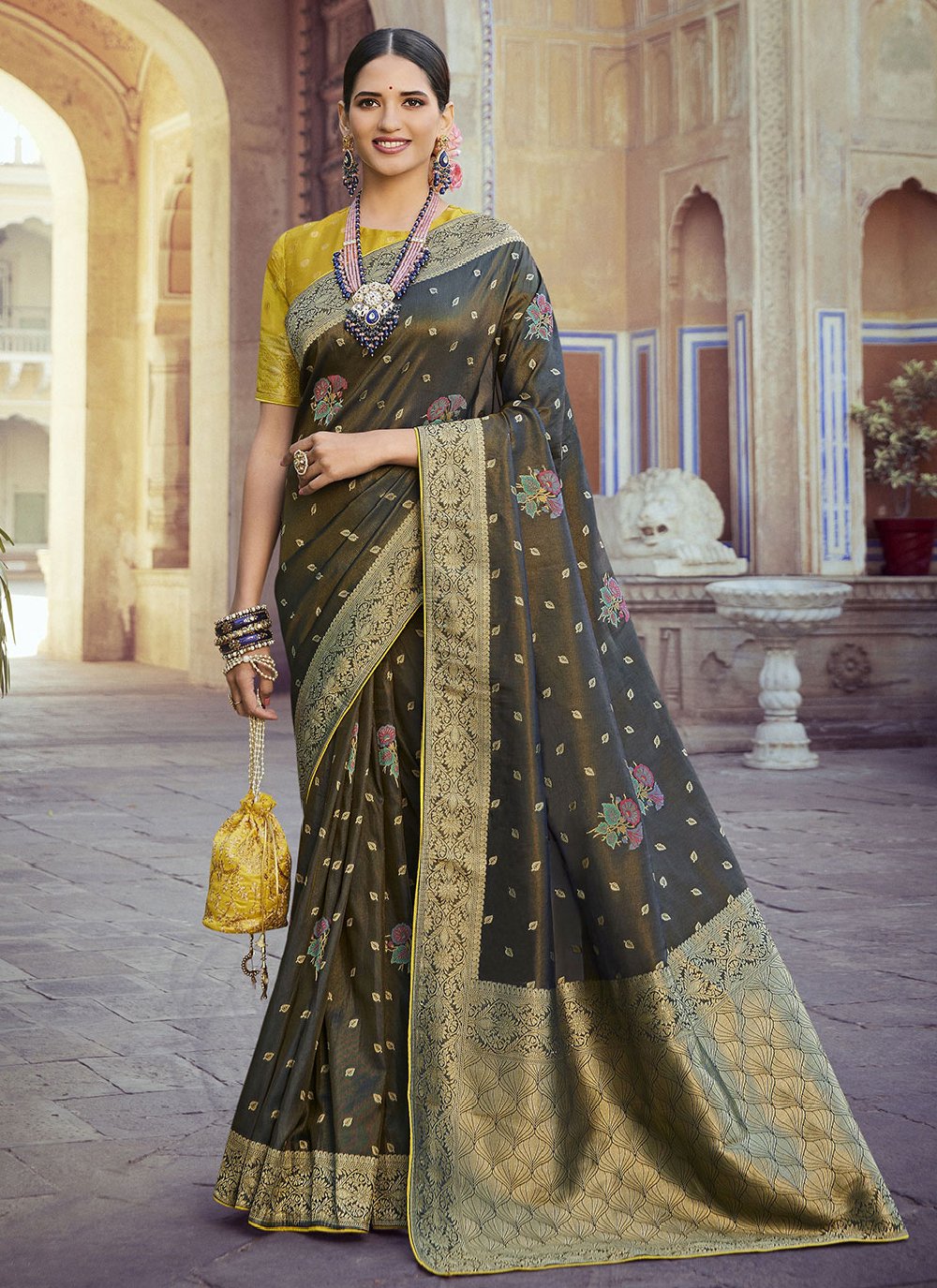 Trendy Saree Art Silk Grey Meenakari Saree