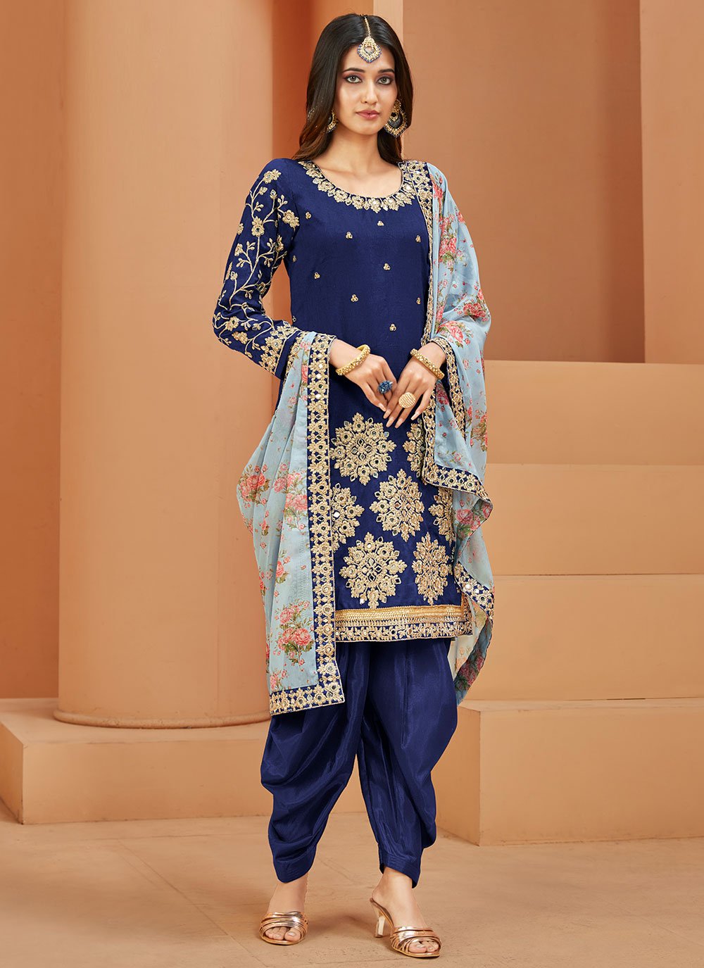 Straight Salwar Suit Art Silk Blue Embroidered Salwar Kameez