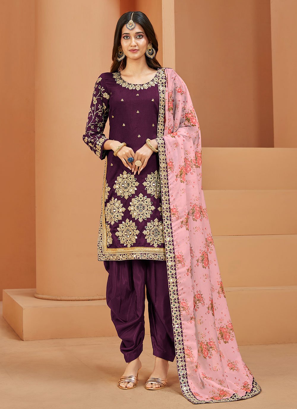 Trendy Suit Art Silk Purple Embroidered Salwar Kameez