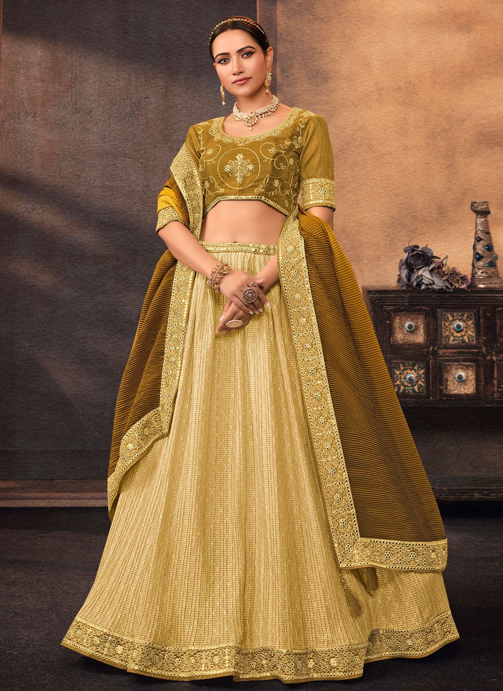 Lehenga Choli Chinon Beige Embroidered Lehenga Choli