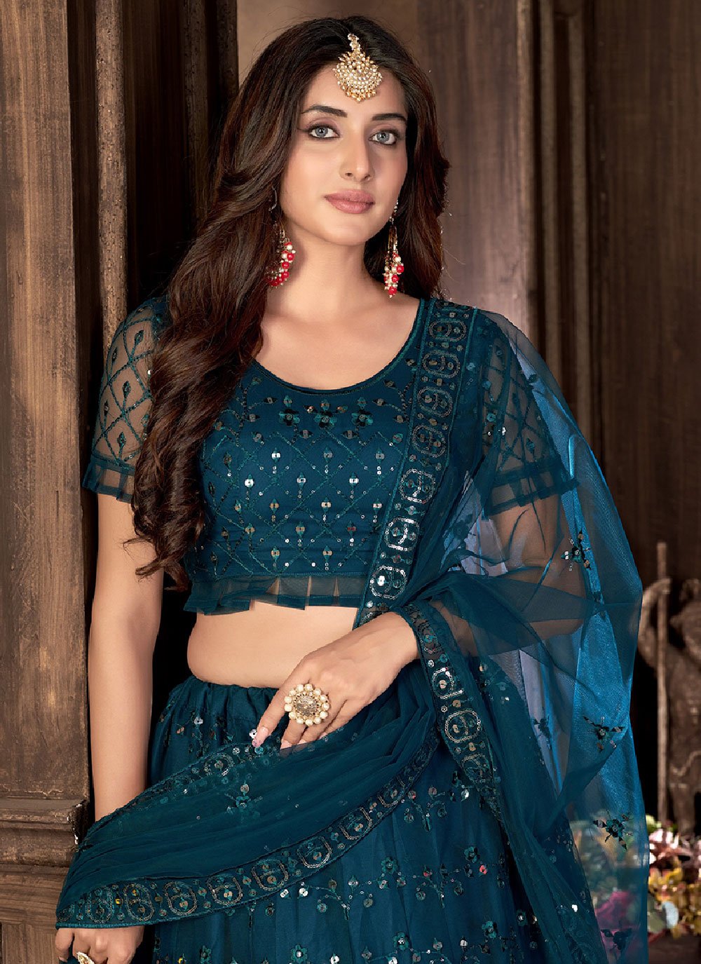 A Line Lehenga Net Blue Embroidered Lehenga Choli