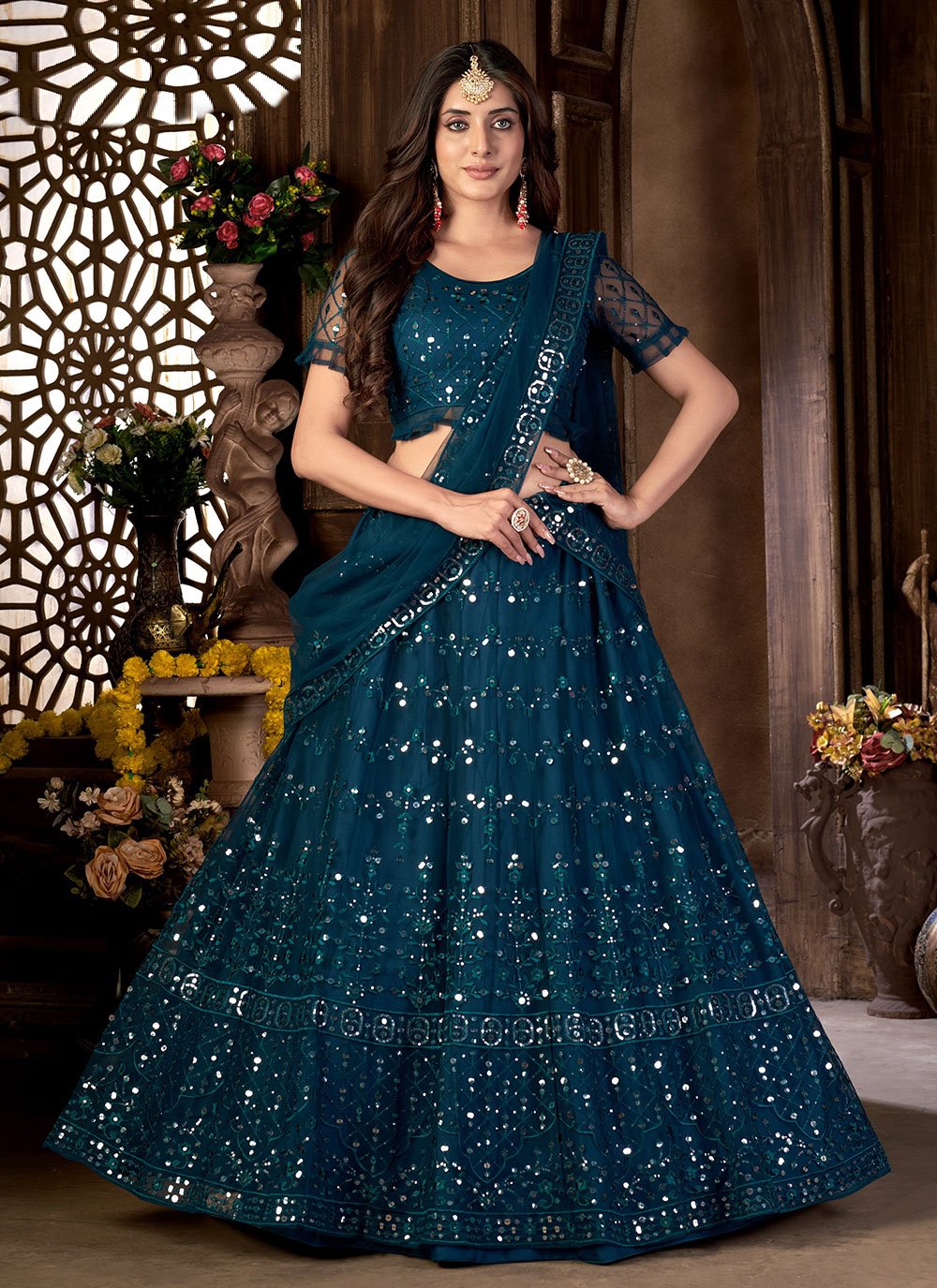 A Line Lehenga Net Blue Embroidered Lehenga Choli