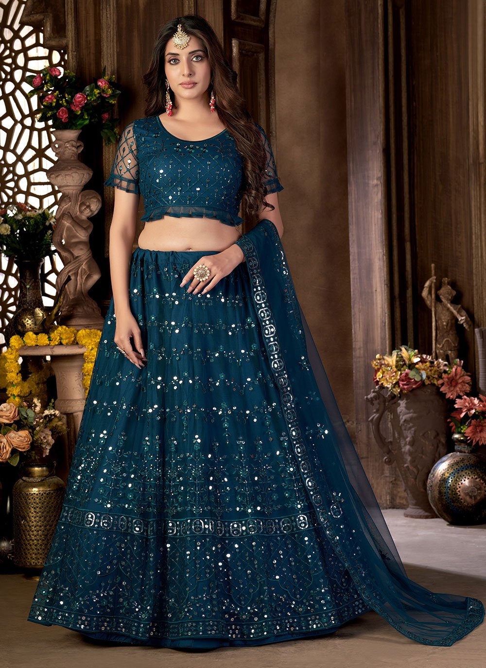 A Line Lehenga Net Blue Embroidered Lehenga Choli