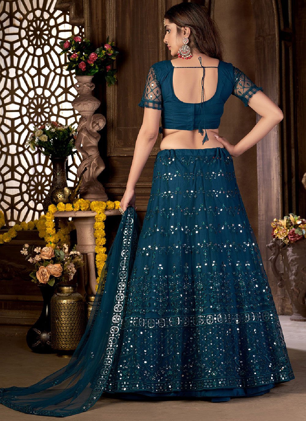 A Line Lehenga Net Blue Embroidered Lehenga Choli