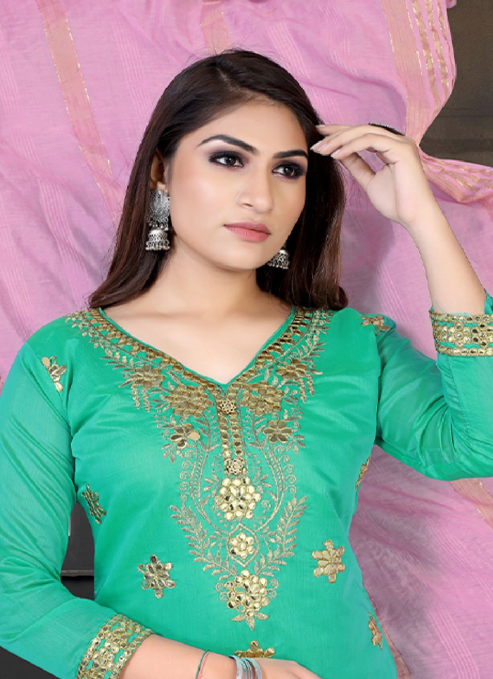 Punjabi Salwar Suit Chanderi Sea Green Embroidered Salwar Kameez