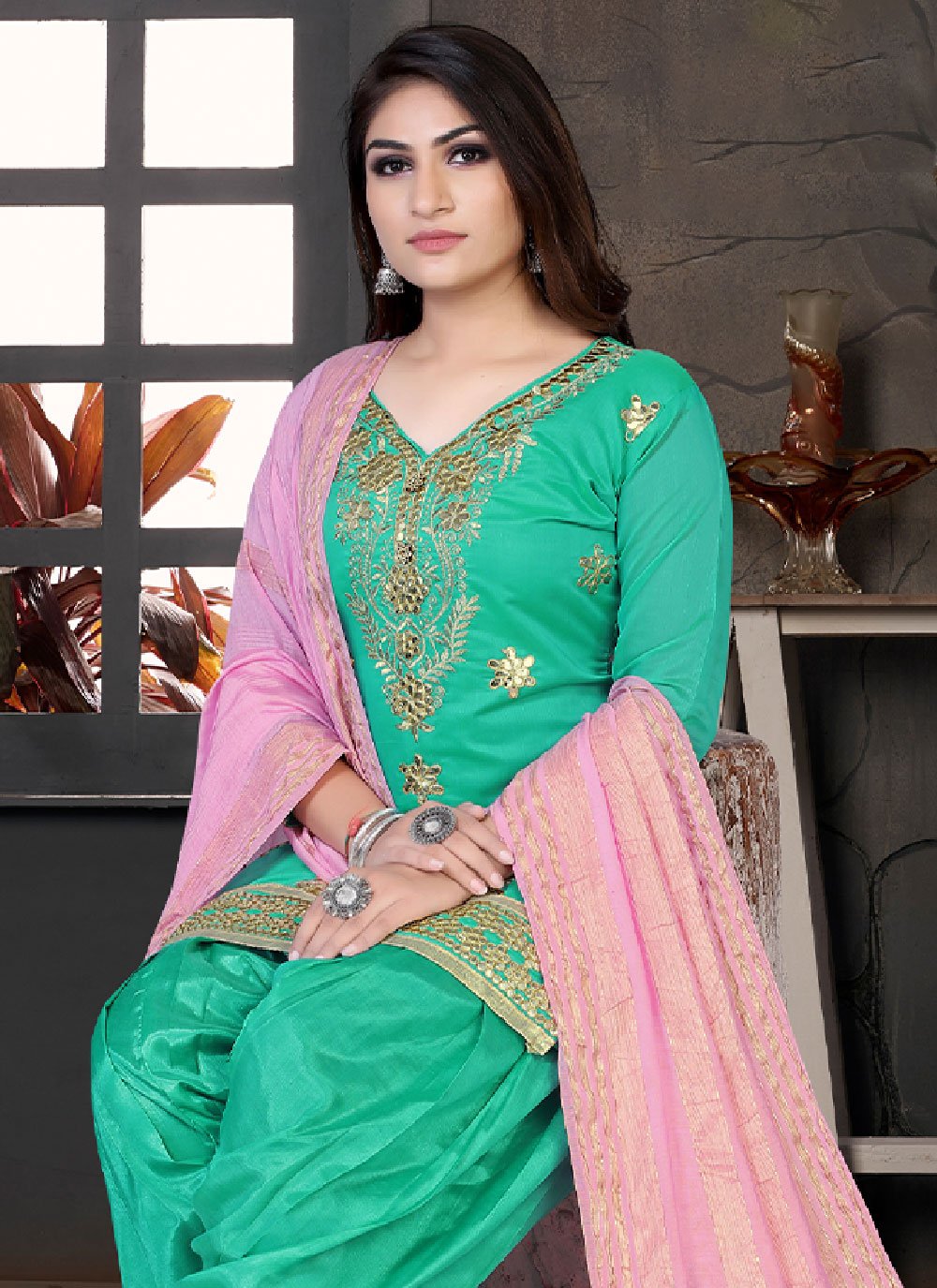 Punjabi Salwar Suit Chanderi Sea Green Embroidered Salwar Kameez