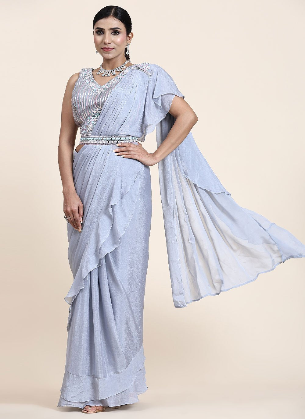 Trendy Saree Chiffon Aqua Blue Mirror Saree