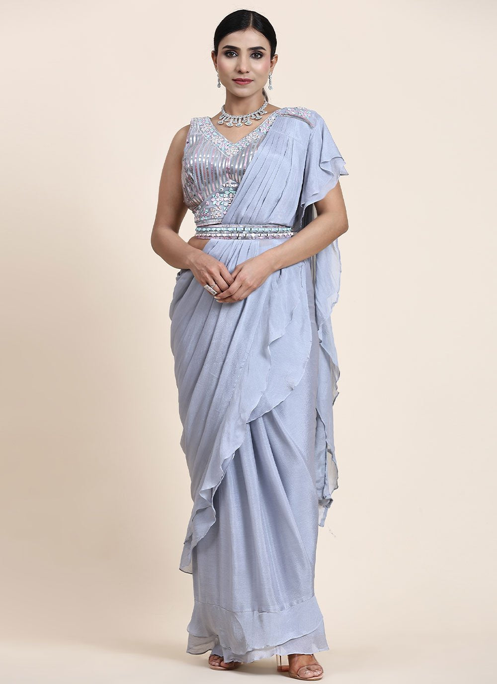 Trendy Saree Chiffon Aqua Blue Mirror Saree