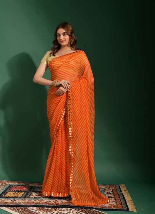 Classic Chiffon Orange Mirror Saree