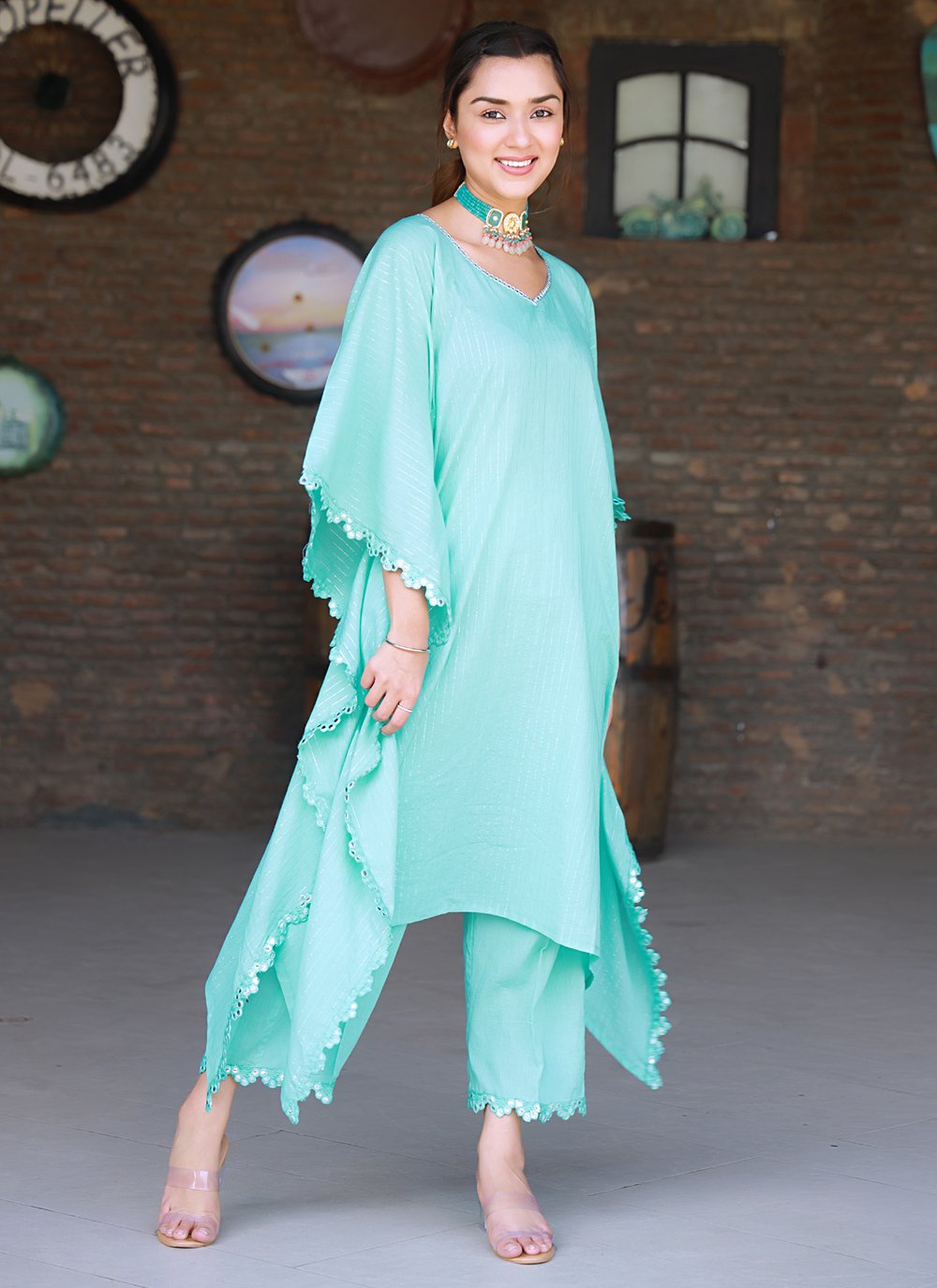 Salwar Suit Cotton Turquoise Fancy Work Salwar Kameez