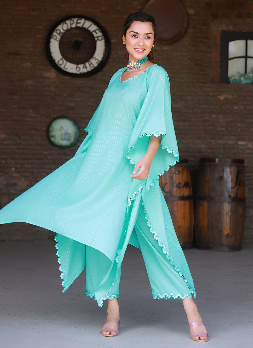 Salwar Suit Cotton Turquoise Fancy Work Salwar Kameez