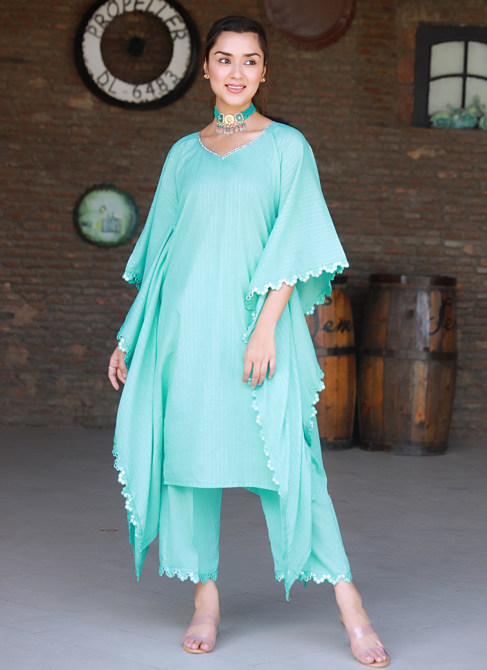 Salwar Suit Cotton Turquoise Fancy Work Salwar Kameez