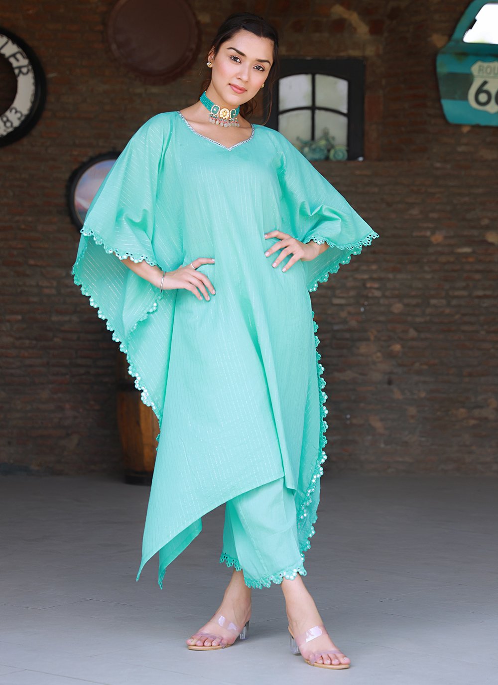 Salwar Suit Cotton Turquoise Fancy Work Salwar Kameez