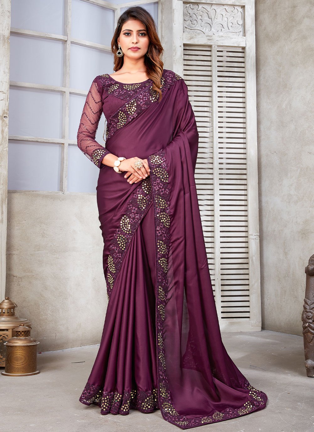 Classic Satin Silk Purple Cord Work Saree