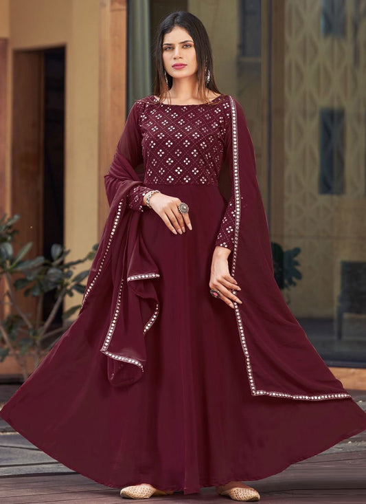 Floor Lenght Salwar Suit Georgette Burgundy Mirror Salwar Kameez