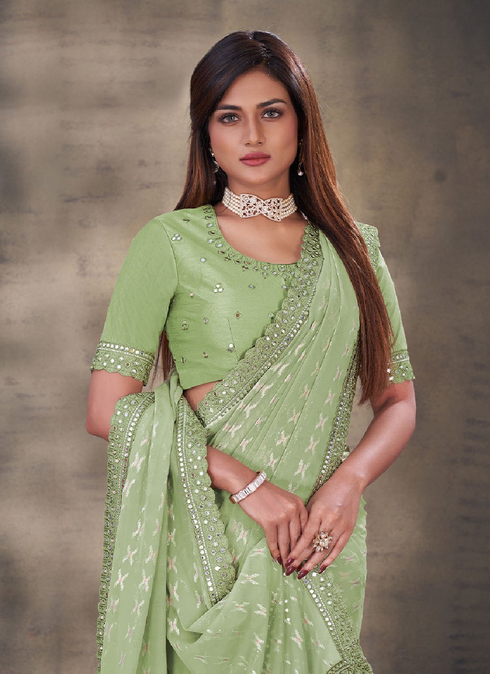 Classic Georgette Sea Green Mirror Saree