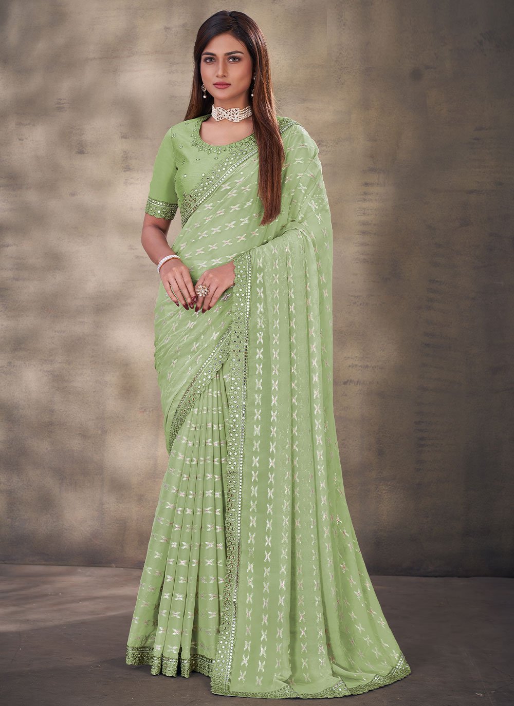 Classic Georgette Sea Green Mirror Saree