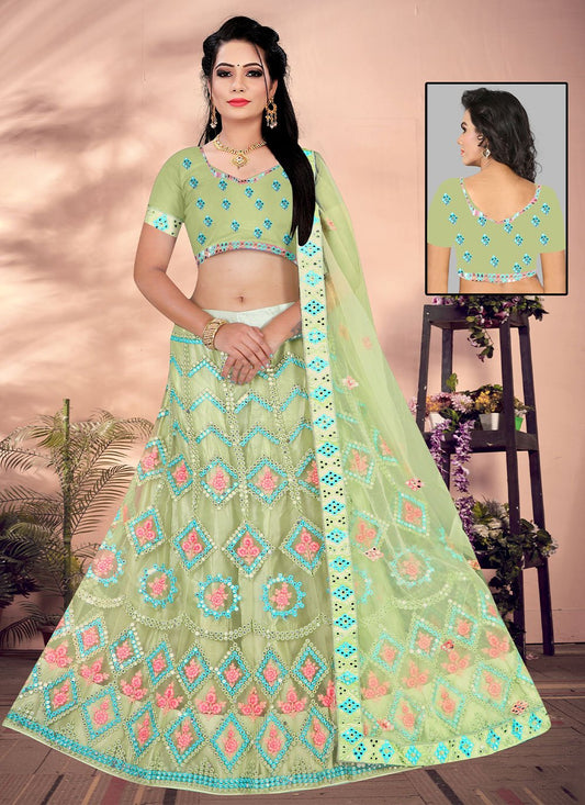 Lehenga Choli Net Green Mirror Lehenga Choli