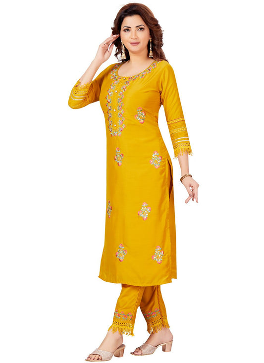 Party Wear Kurti Muslin Yellow Embroidered Kurtis