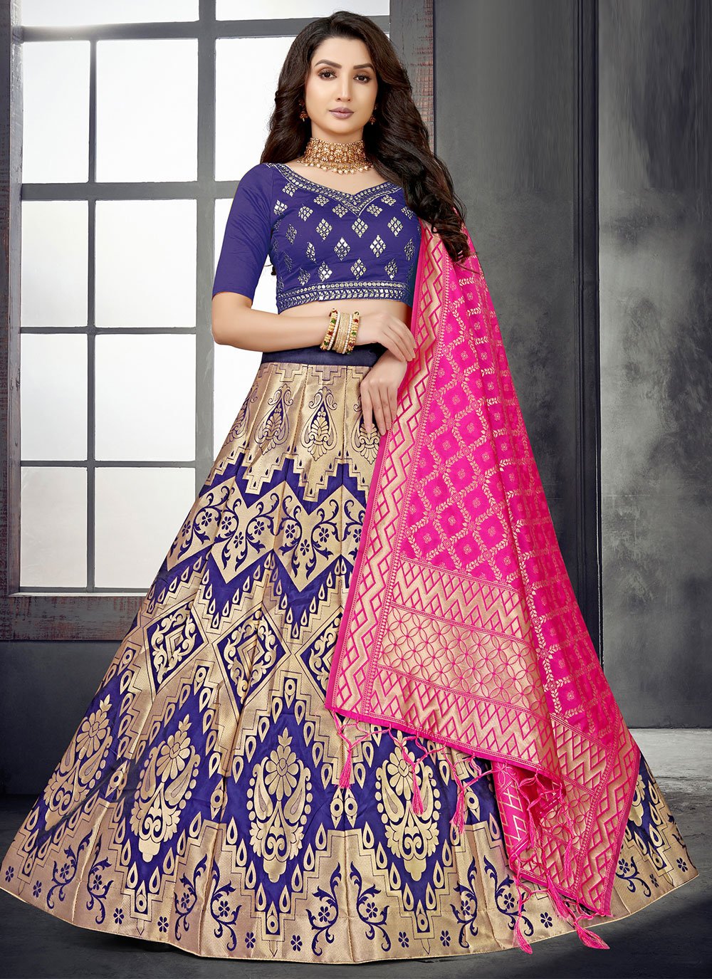 Lehenga Choli Banarasi Silk Blue Mirror Lehenga Choli