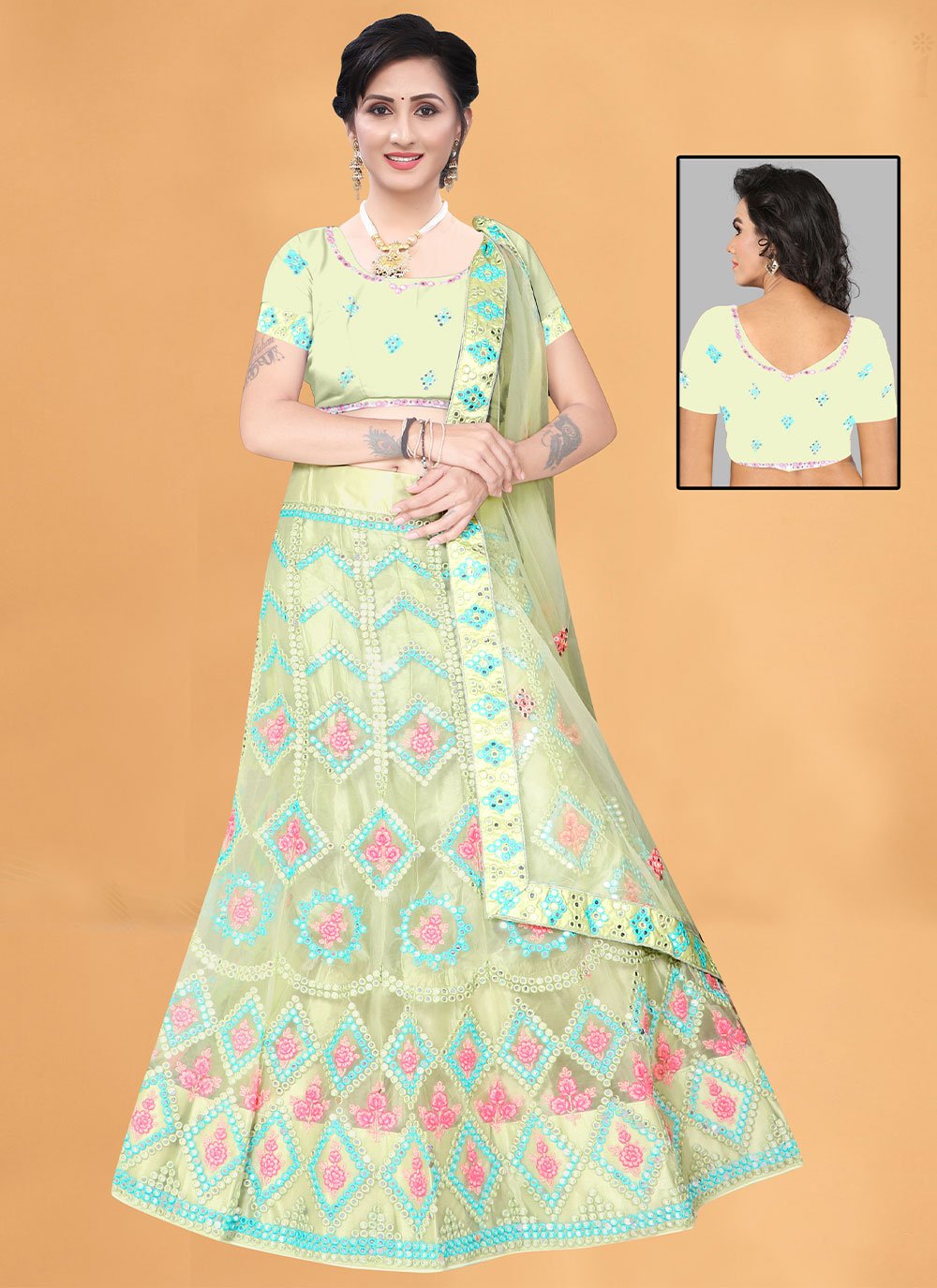 A Line Lehenga Net Sea Green Mirror Lehenga Choli