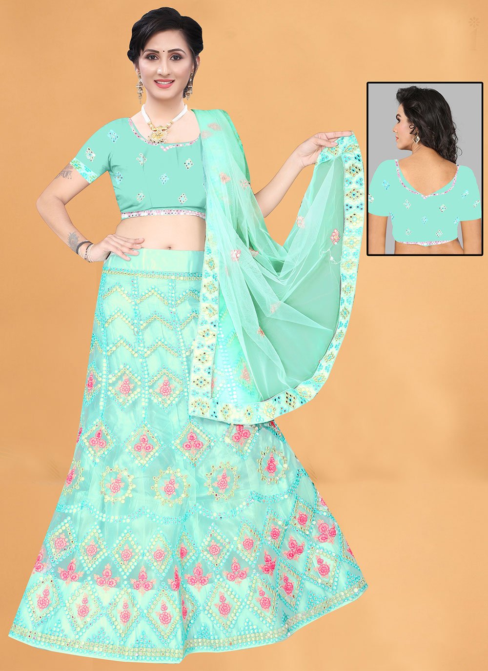 A Line Lehenga Net Blue Mirror Lehenga Choli