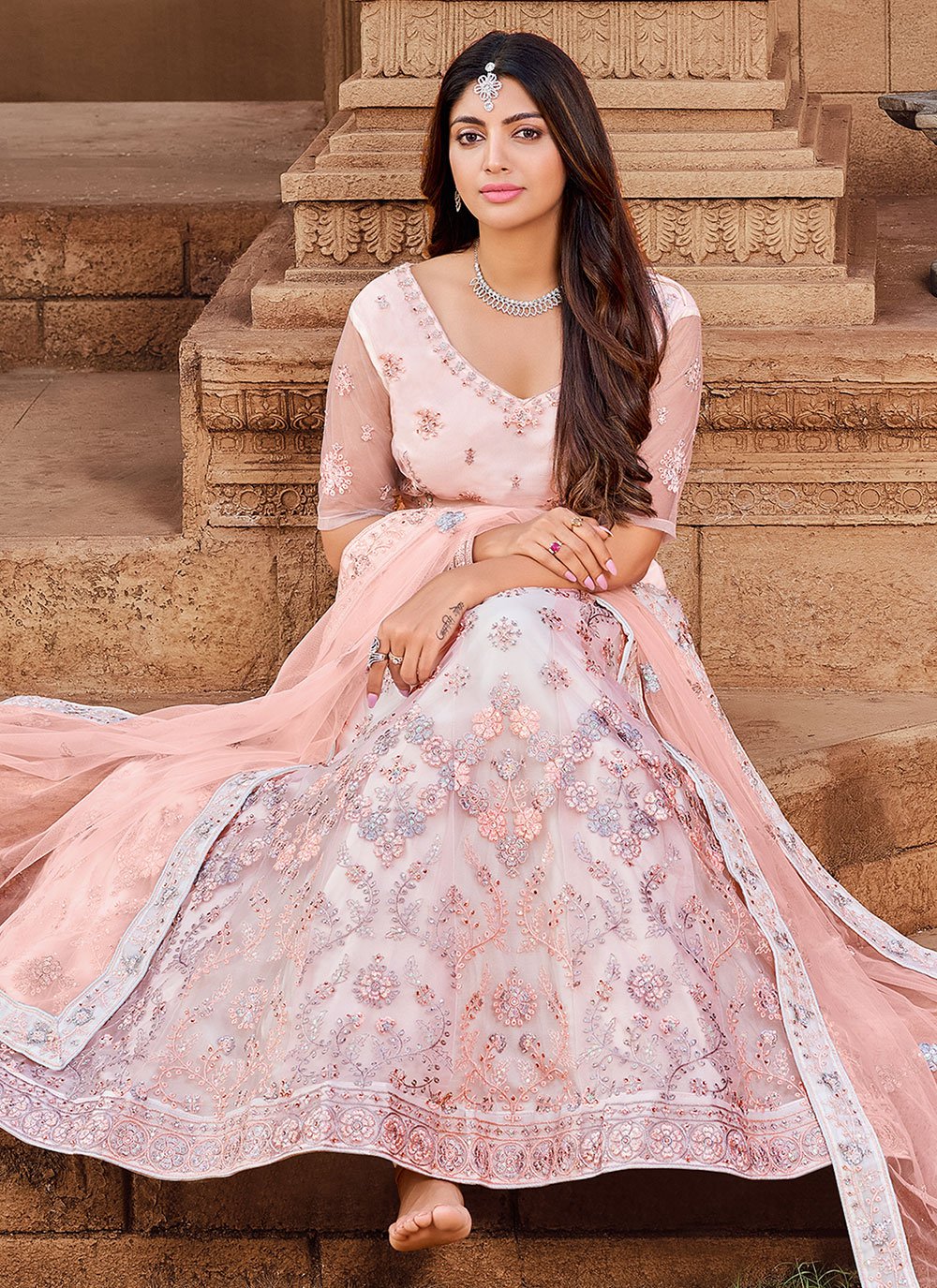 Lehenga Choli Net Peach Embroidered Lehenga Choli