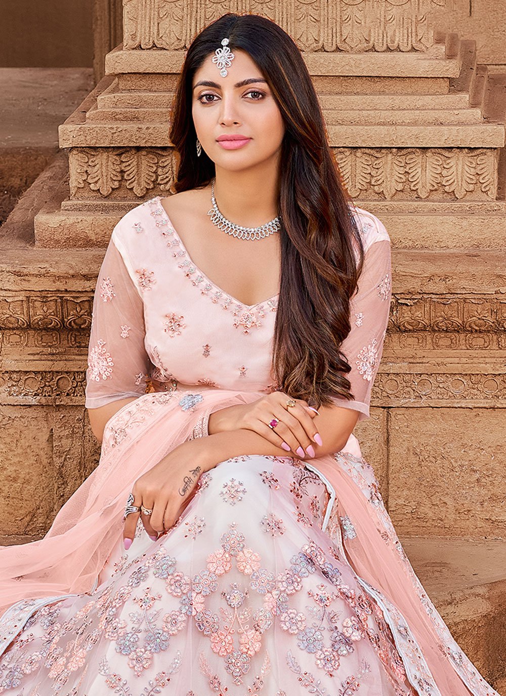 Lehenga Choli Net Peach Embroidered Lehenga Choli