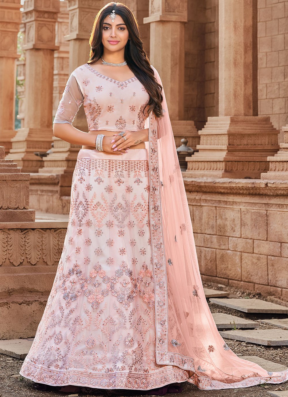 Lehenga Choli Net Peach Embroidered Lehenga Choli