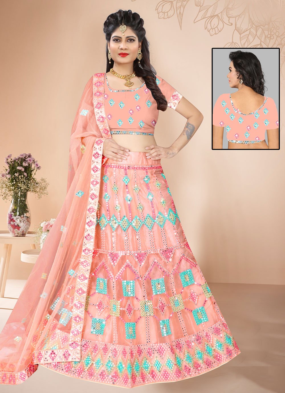 Lehenga Choli Net Peach Mirror Lehenga Choli