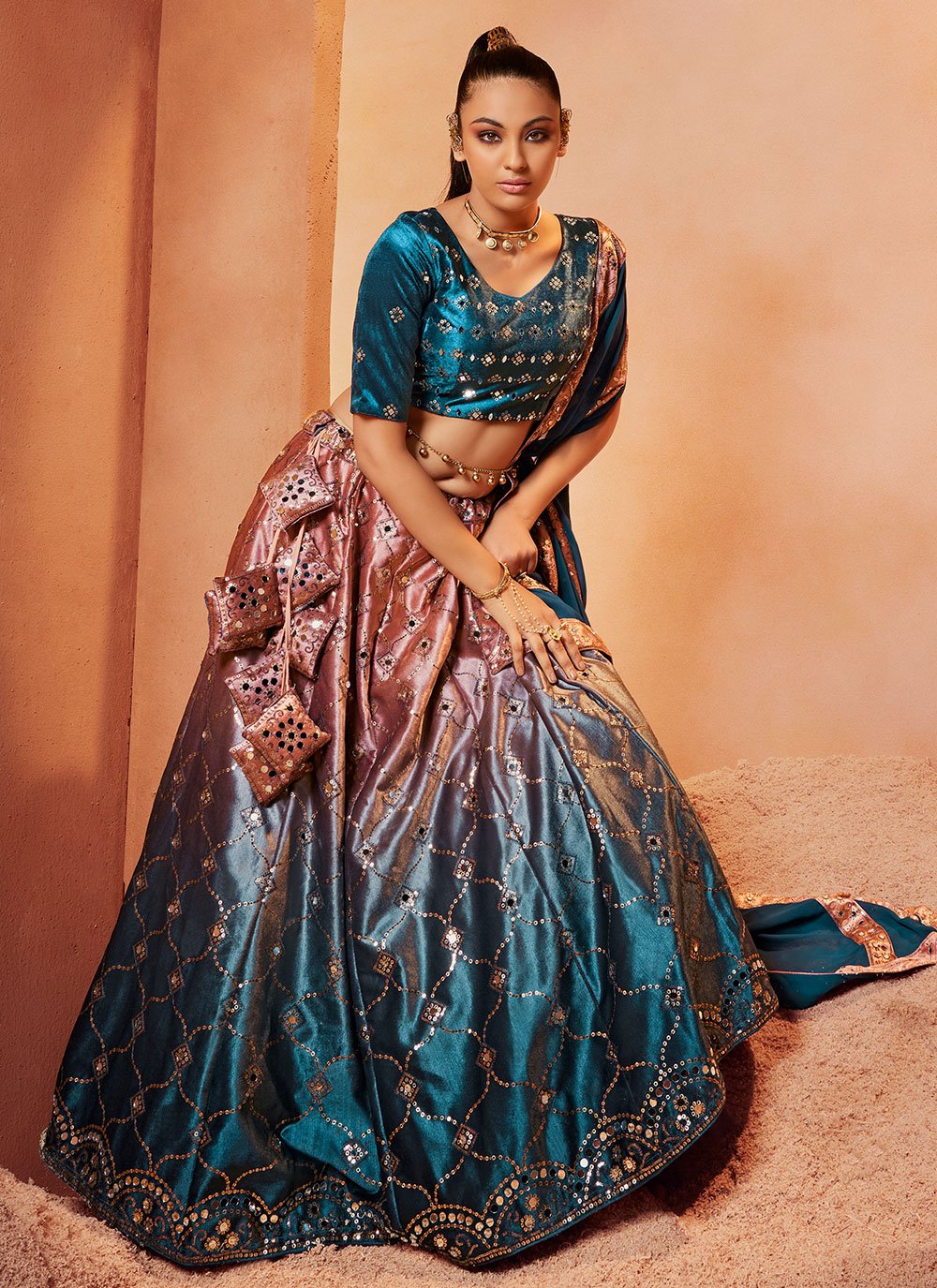 Lehenga Choli Velvet Pink Teal Embroidered Lehenga Choli