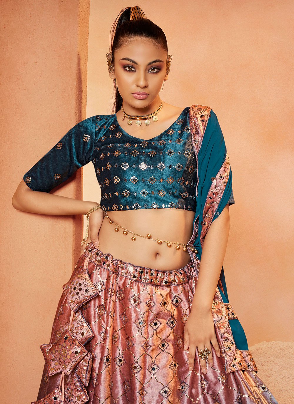 Lehenga Choli Velvet Pink Teal Embroidered Lehenga Choli