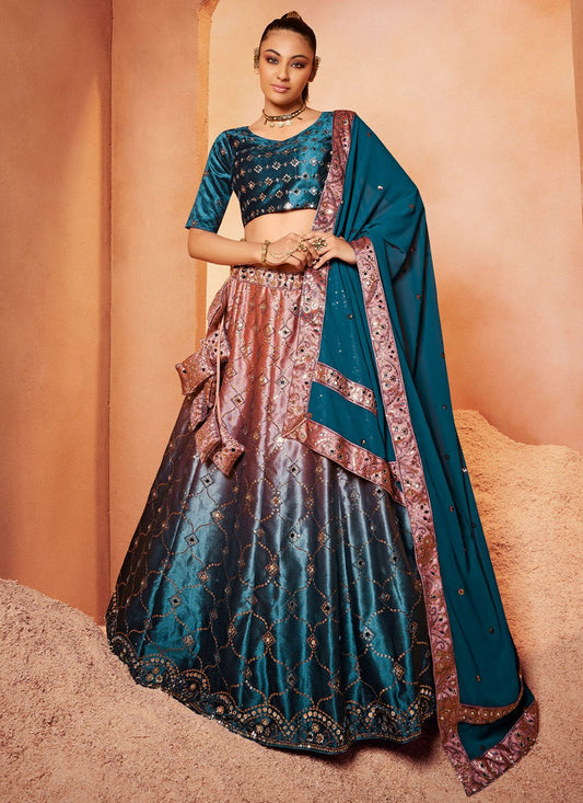 Lehenga Choli Velvet Pink Teal Embroidered Lehenga Choli