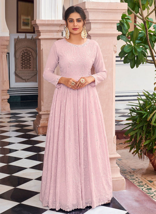 Floor Lenght Salwar Suit Georgette Pink Embroidered Salwar Kameez