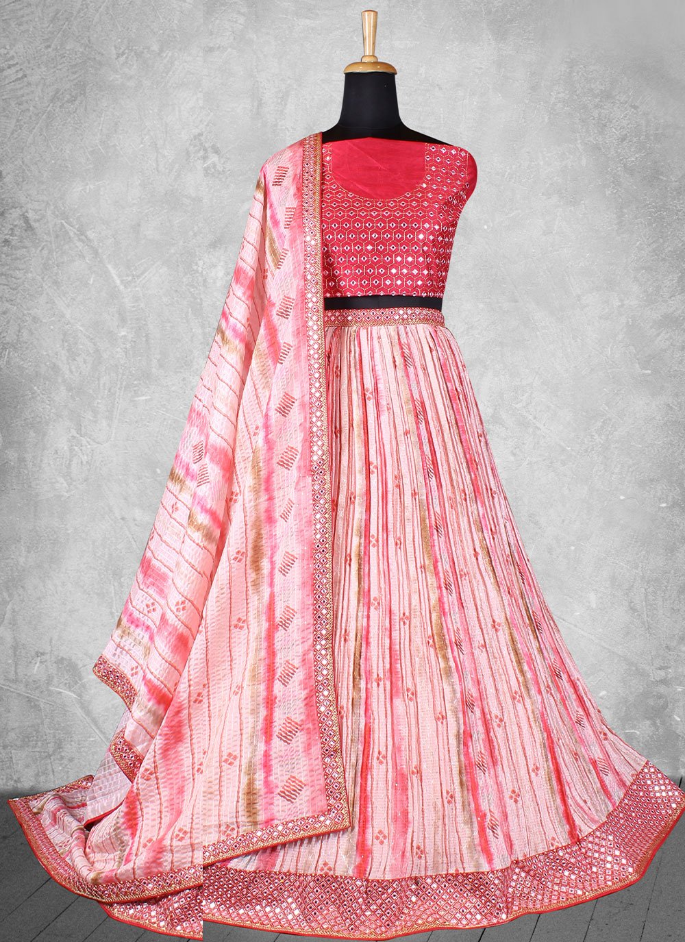 A Line Lehenga Georgette Satin Pink Mirror Lehenga Choli