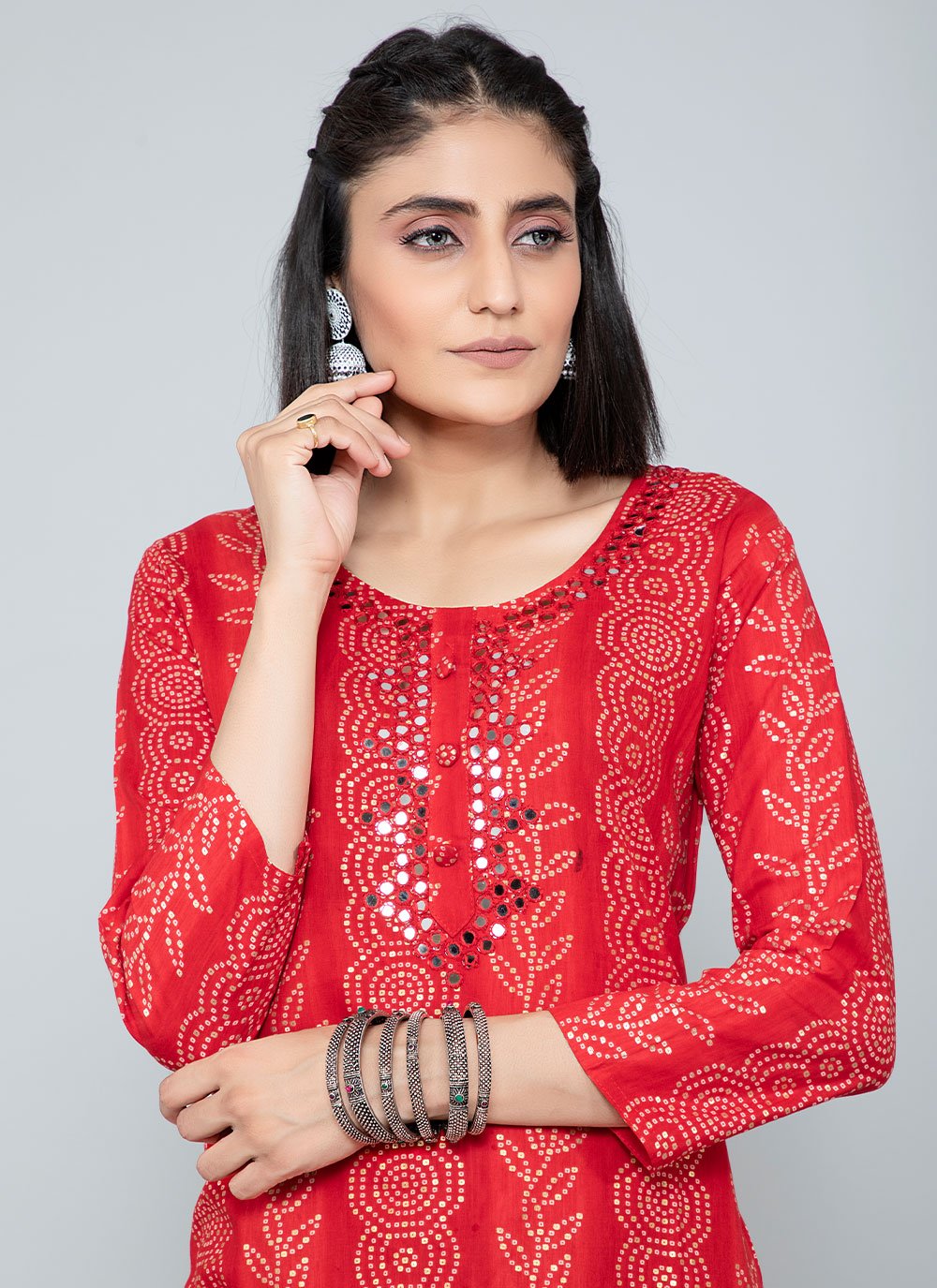 Designer Kurti Rayon Red Mirror Kurtis