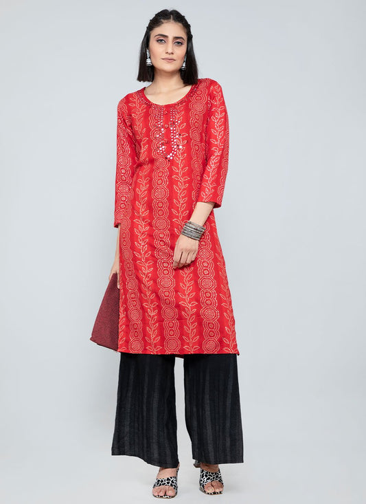 Designer Kurti Rayon Red Mirror Kurtis