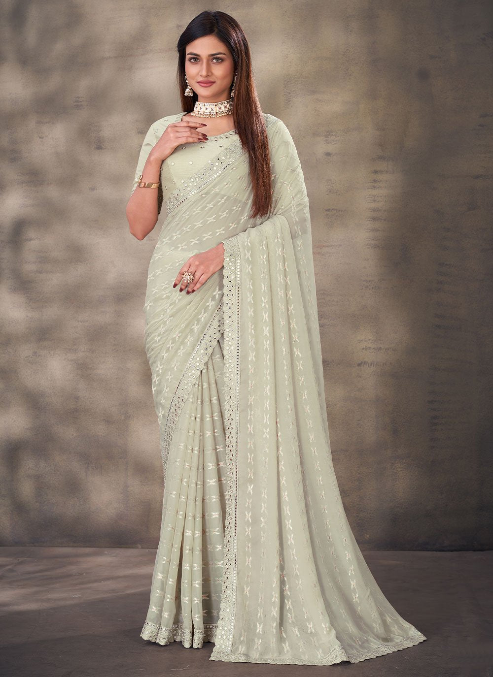 Classic Georgette Off White Mirror Saree