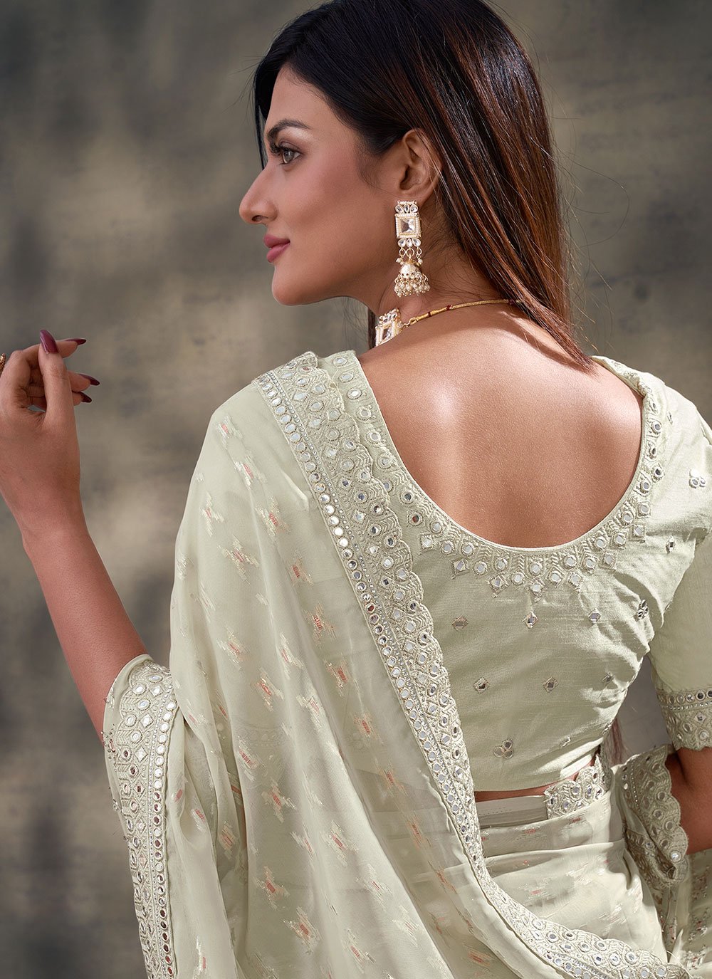 Classic Georgette Off White Mirror Saree