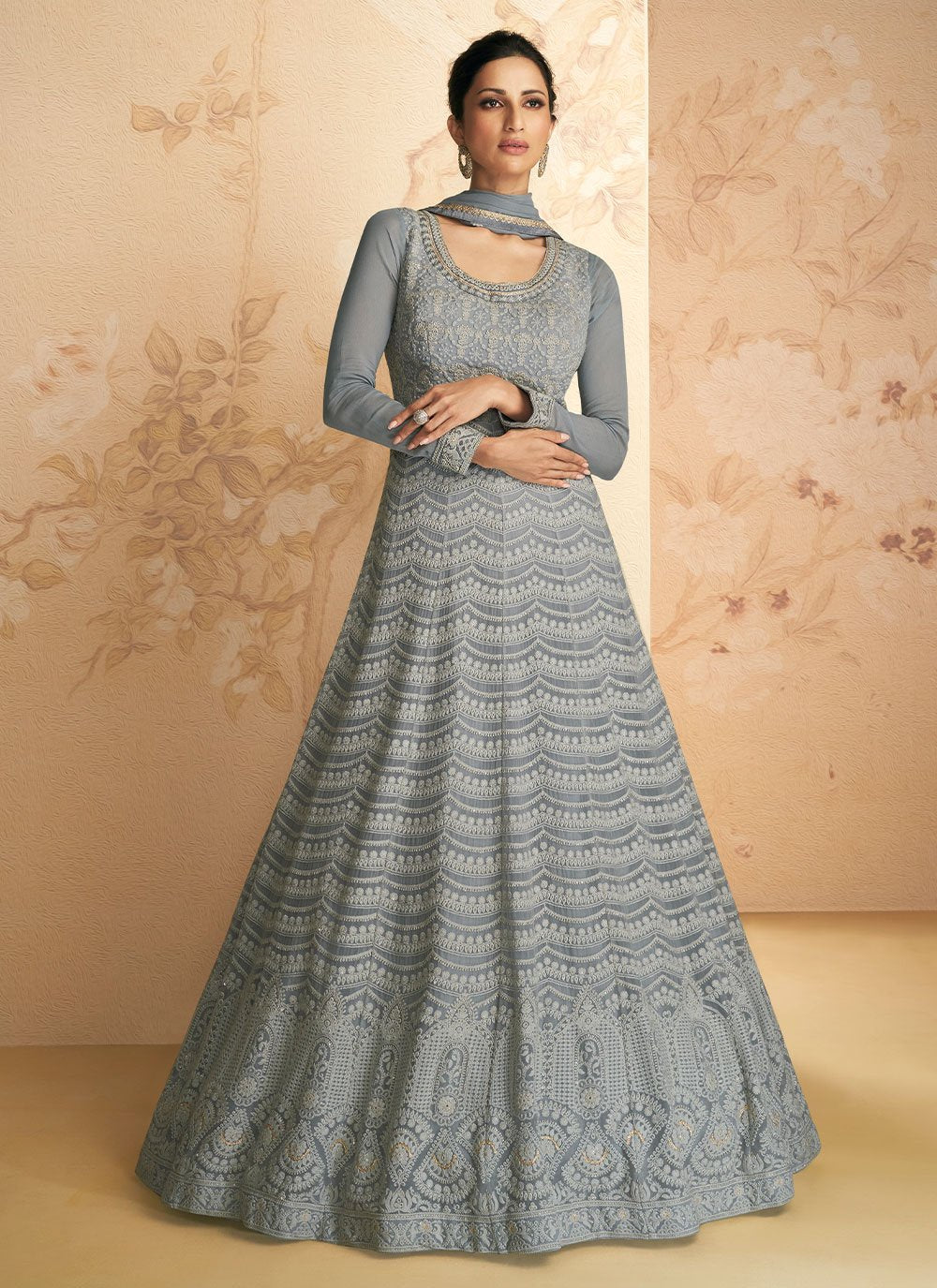 Gown Georgette Grey Embroidered Gown