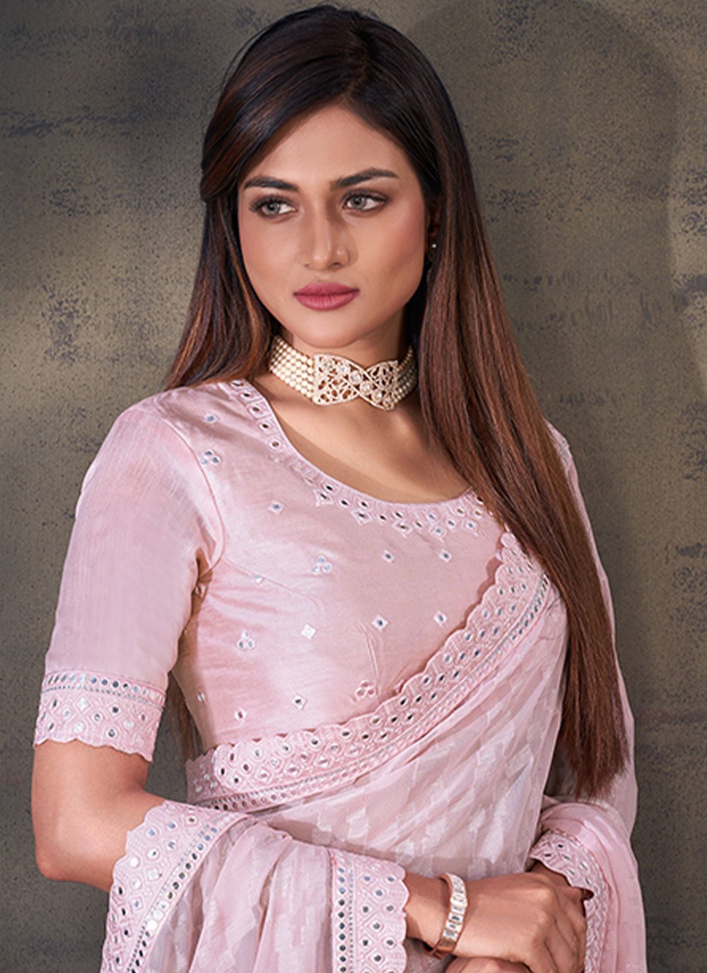 Classic Georgette Pink Mirror Saree