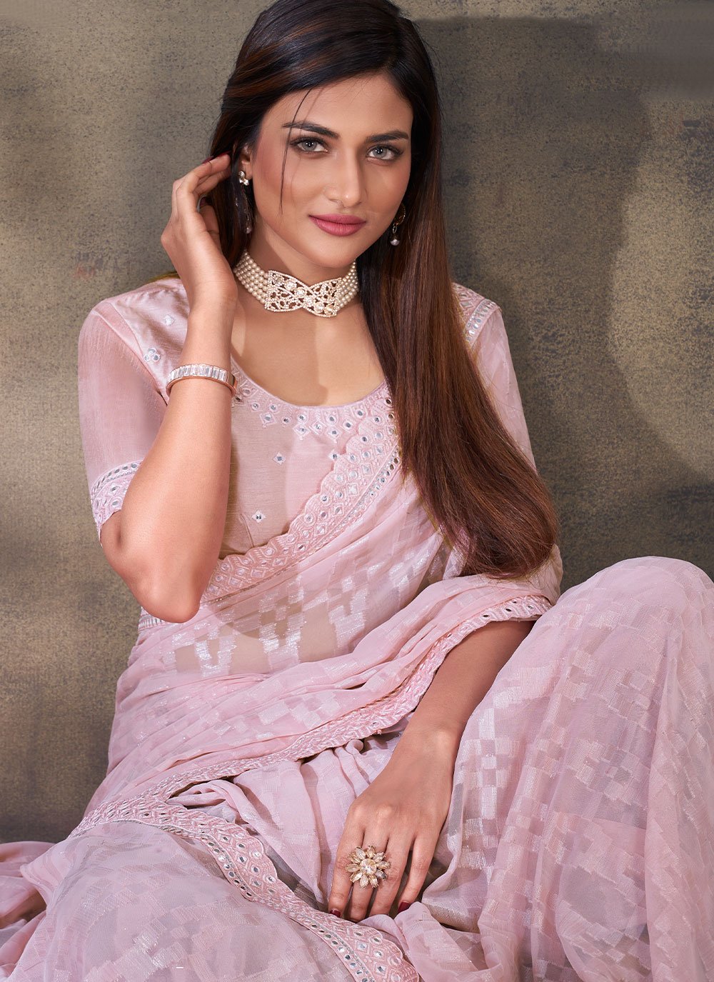 Classic Georgette Pink Mirror Saree