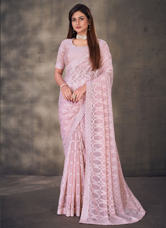 Classic Georgette Pink Mirror Saree