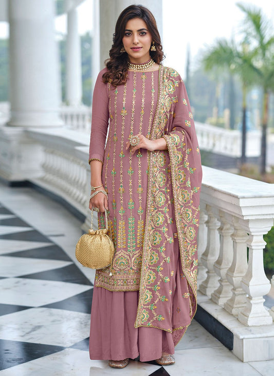 Salwar Suit Faux Georgette Mauve Embroidered Salwar Kameez