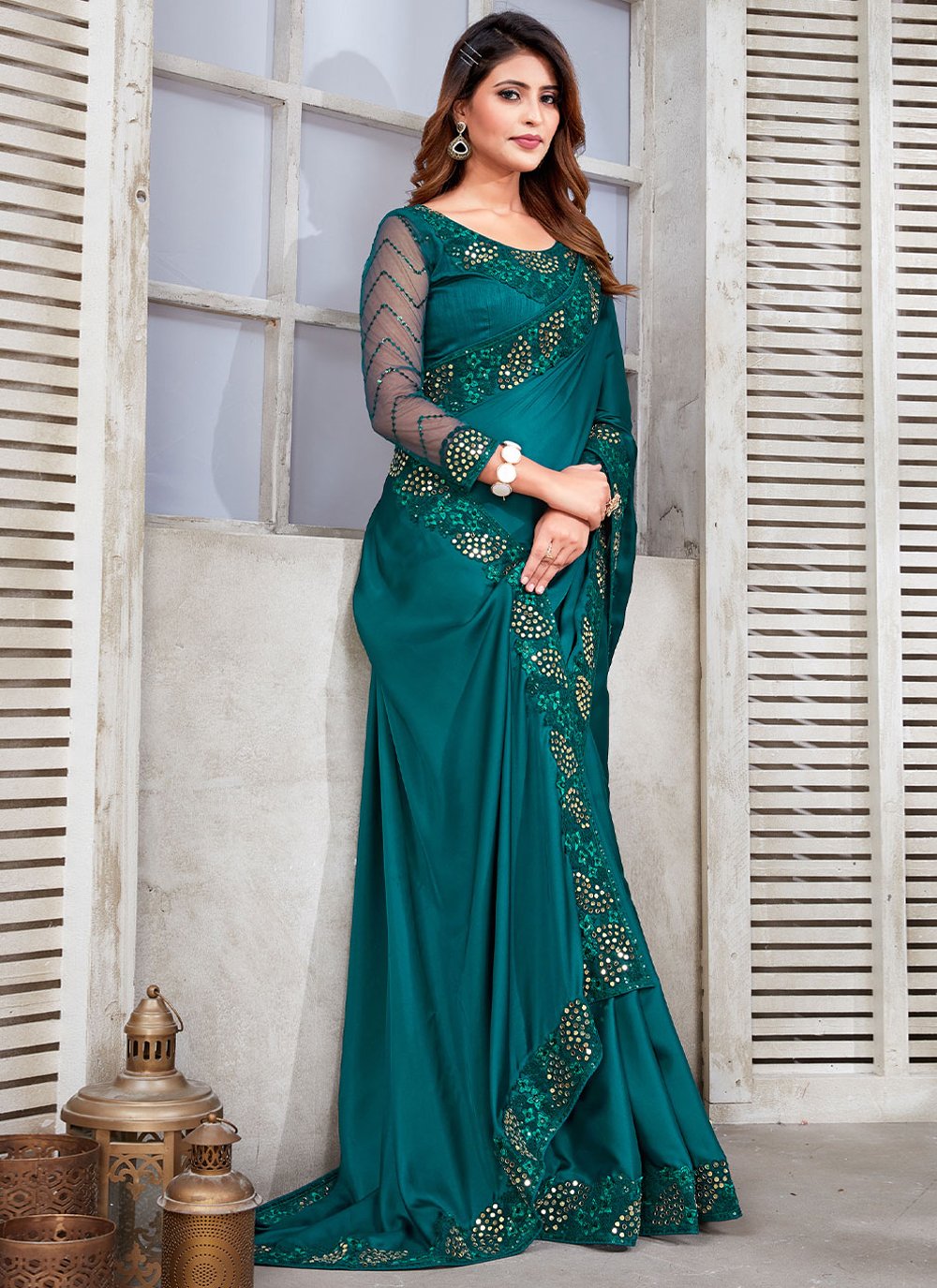 Classic Satin Silk Turquoise Cord Work Saree