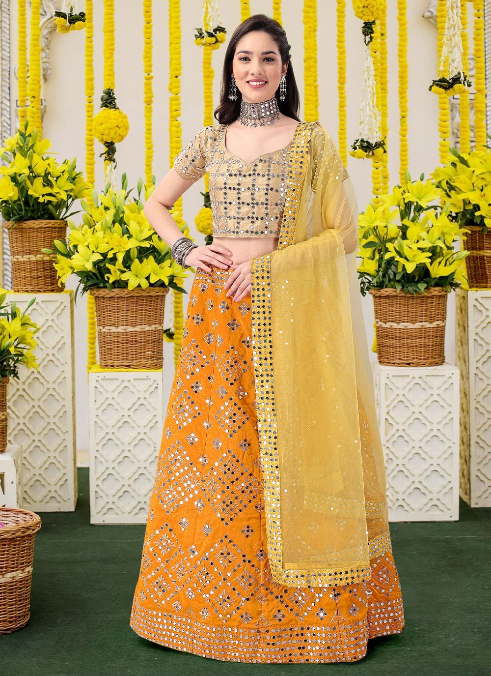 Lehenga Choli Satin Silk Orange Embroidered Lehenga Choli